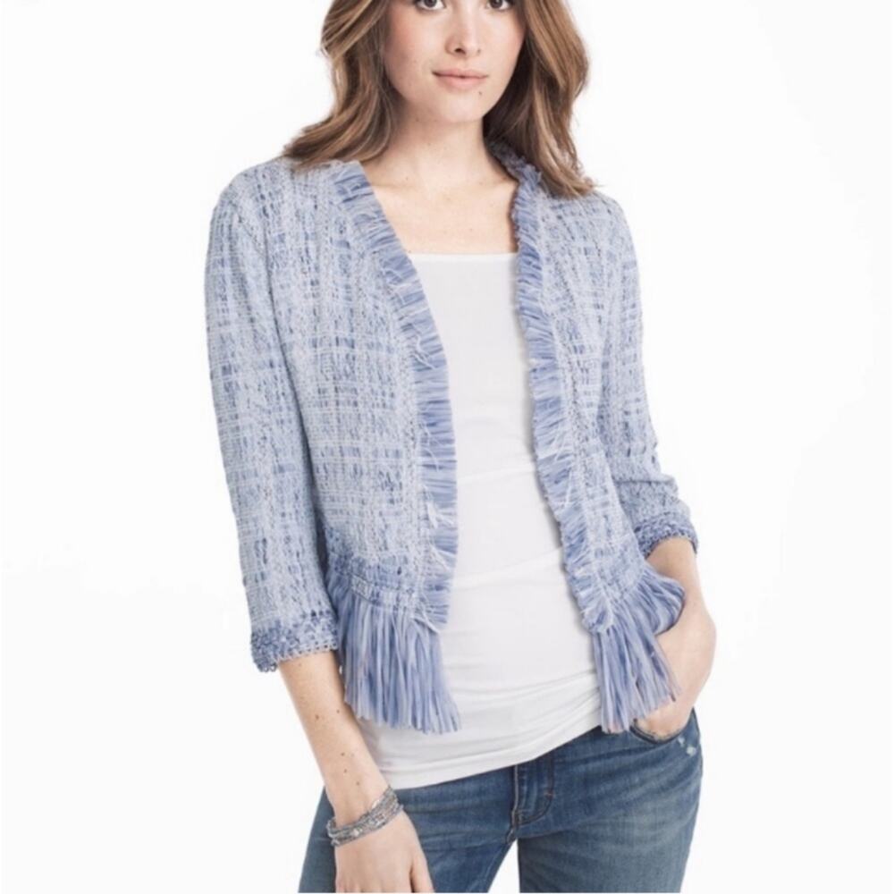 WHITE HOUSE BLACK MARKET | Open Front Cropped Fringe Blazer Jacket Pastel Blue M
